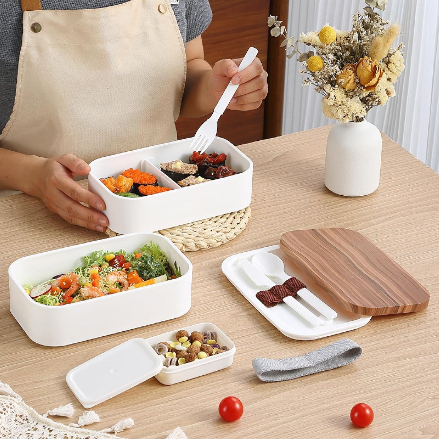 MHome Wood Grain Double-Layer Bento Lunch Box – Microwave-Safe, Lightweight, Leakproof