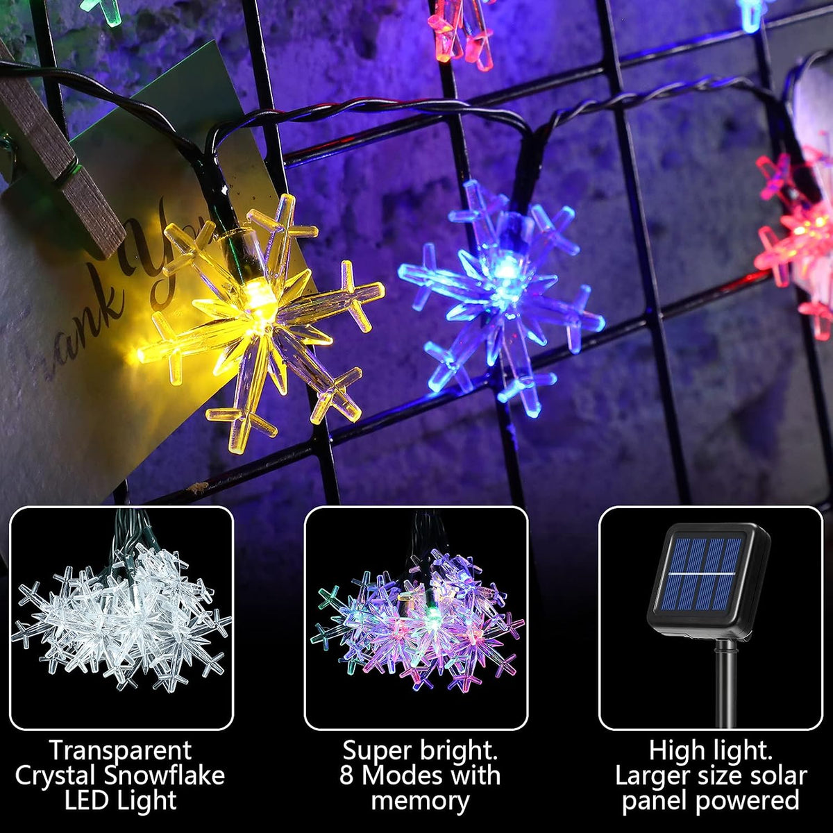 Solar Snowflake String Lights, 5m with 20 LEDs, Multicolour Outdoor Decoration