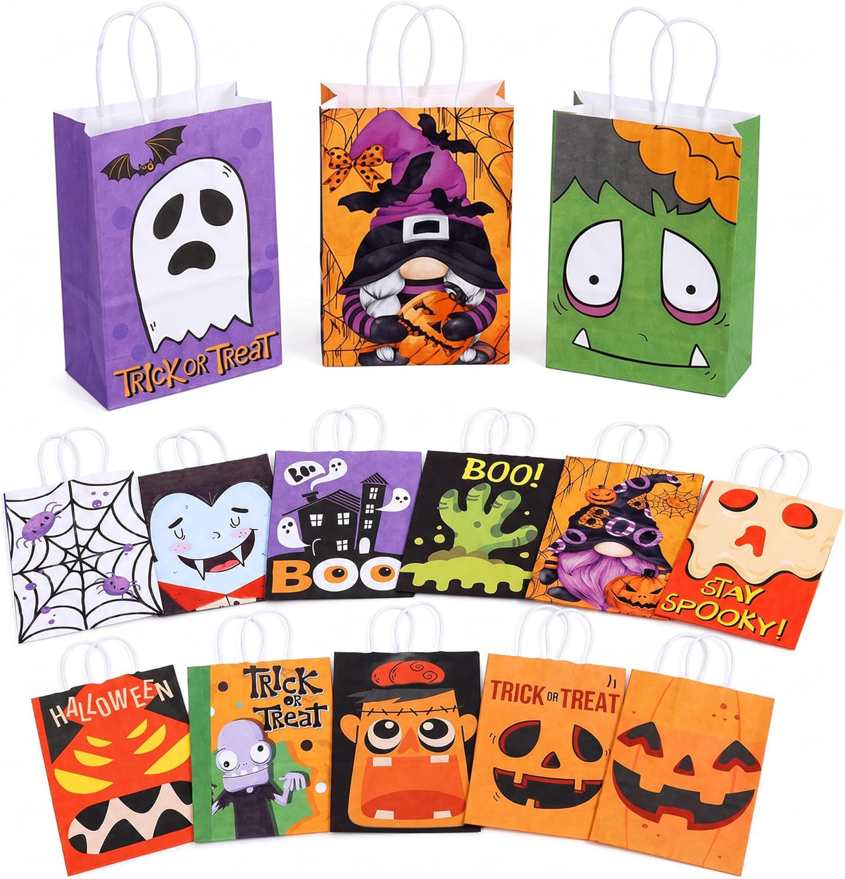 Halloween Paper Gift Treat Bags for Kids, 12 Pack 7 Spooky Designs with Handles