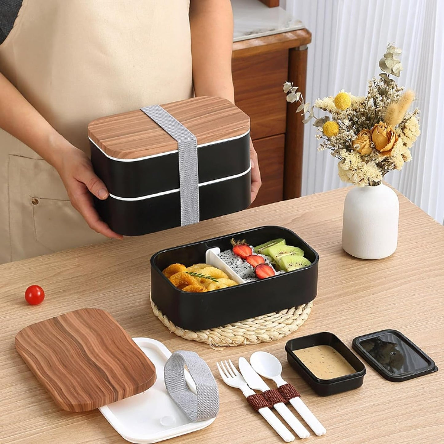 MHome Wood Grain Double-Layer Bento Lunch Box – Microwave-Safe, Lightweight, Leakproof