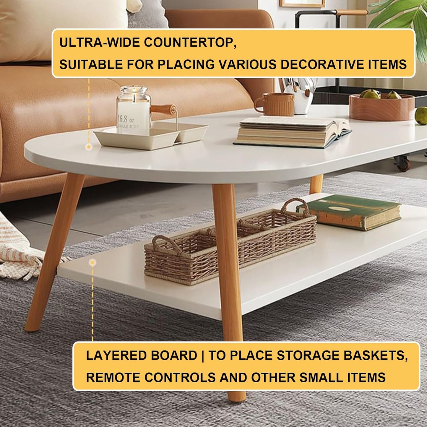 MFurn Modern Wooden Coffee Table with Storage Shelf – Oval Living Room Center Table