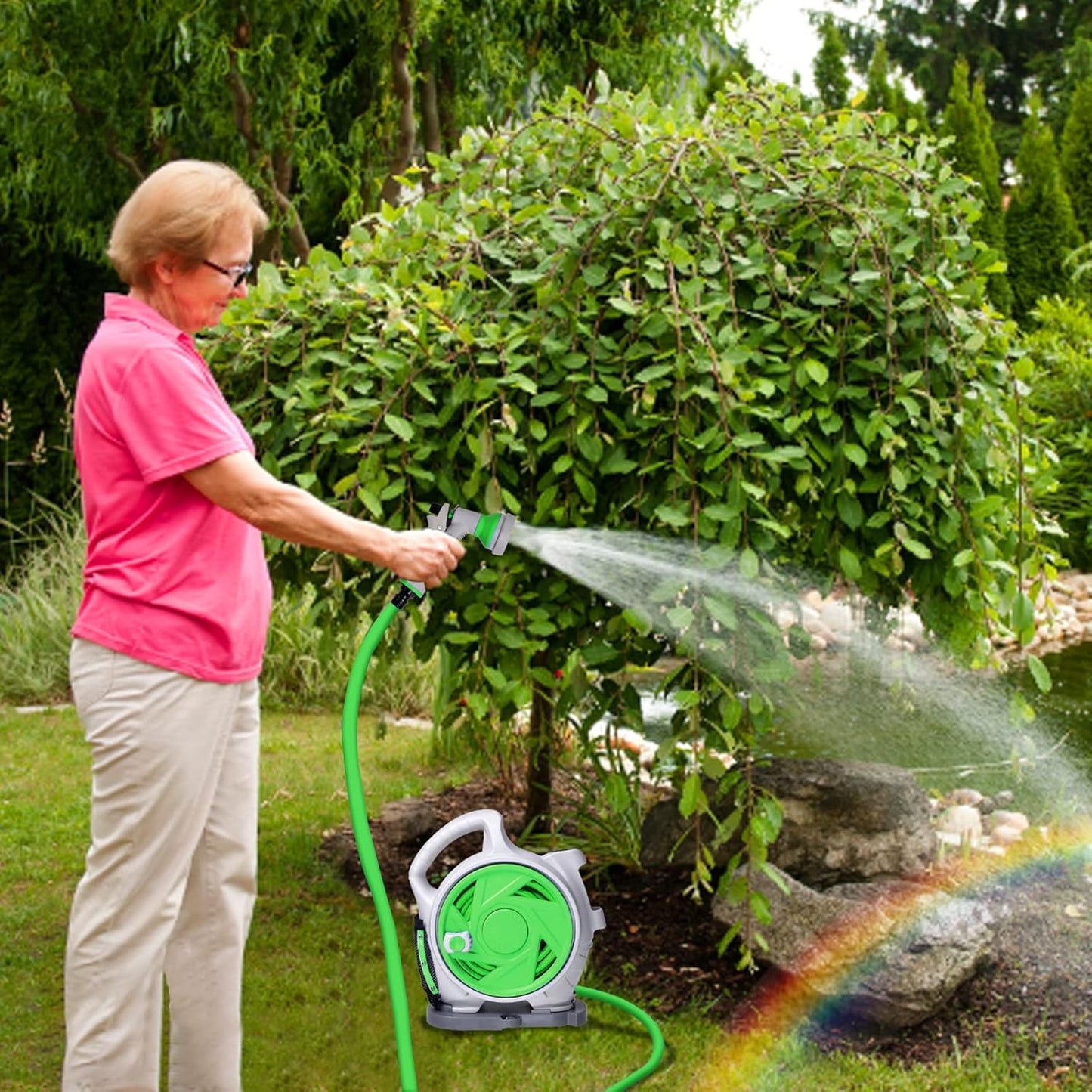 MHome Portable Hose Reel 15M – 7-Pattern Water Spray Garden Hose Reel with Wall Mount