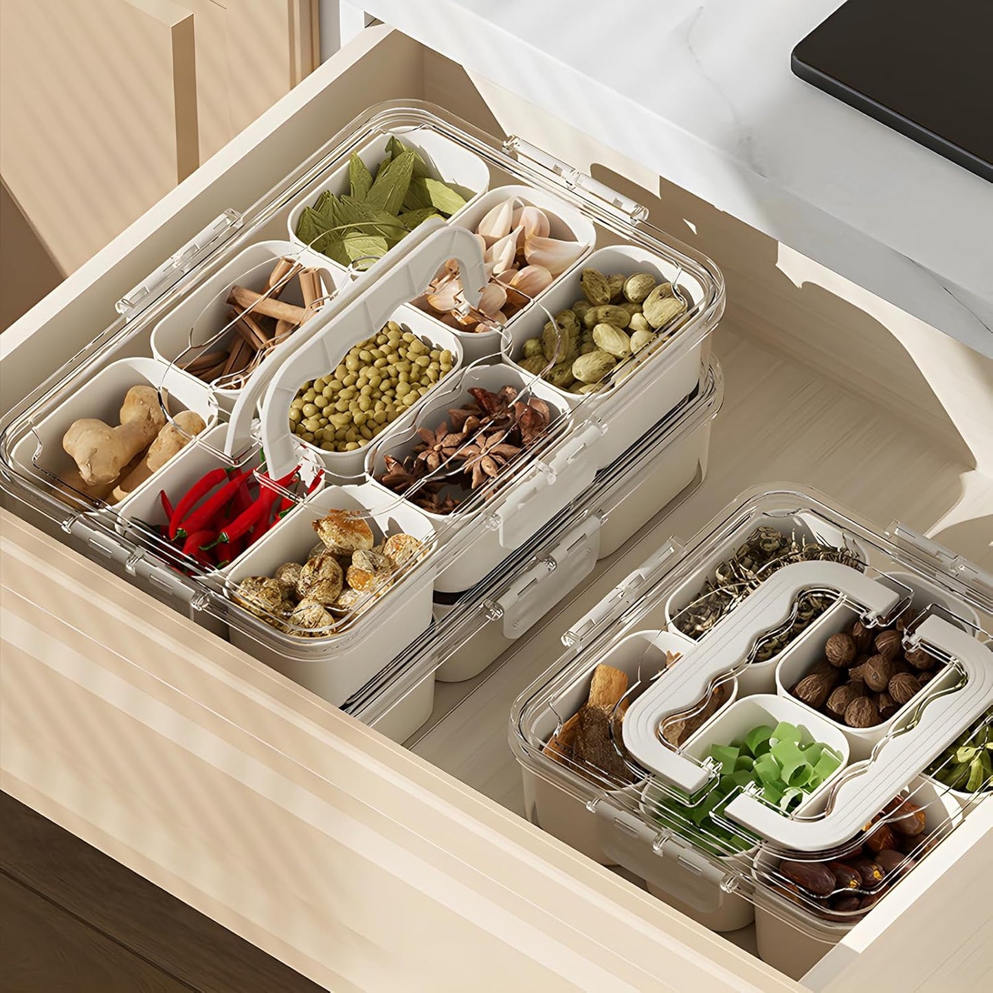 MHome 6 & 9-Compartment Divided Clear Snack Box with Lid & Handle