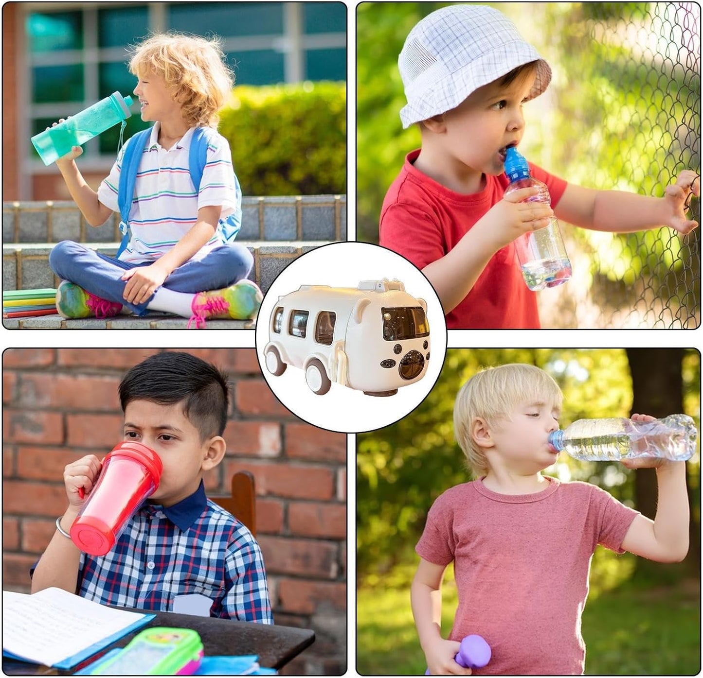 Mkids Cartoon Bus Water Bottle – 500ml Leak-Proof Kids Drink Bottle with Strap