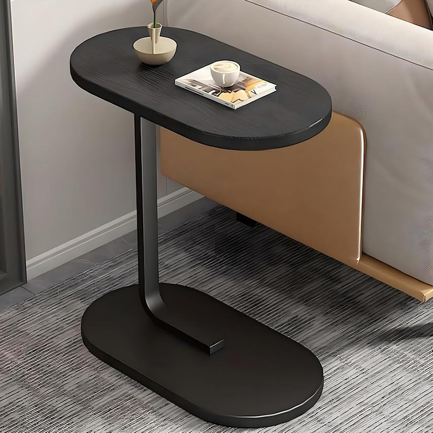 MFurn C-Shaped Side Table – Modern Narrow Coffee Table with Metal Frame for Small Spaces