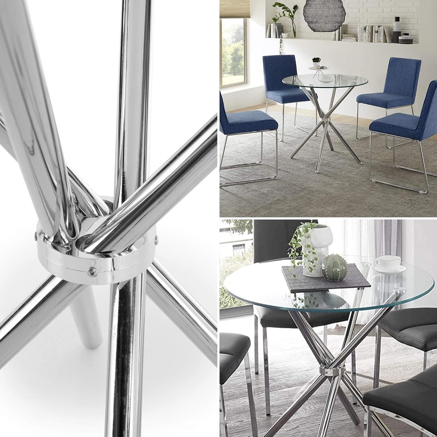 MFurn Glass Dining Table with Cross Stainless Steel Legs