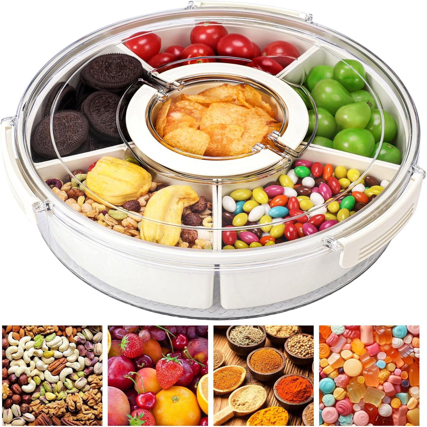 MHome Rotating Snack Box Container with Lid & Handle – 6 Compartment Snack Organizer