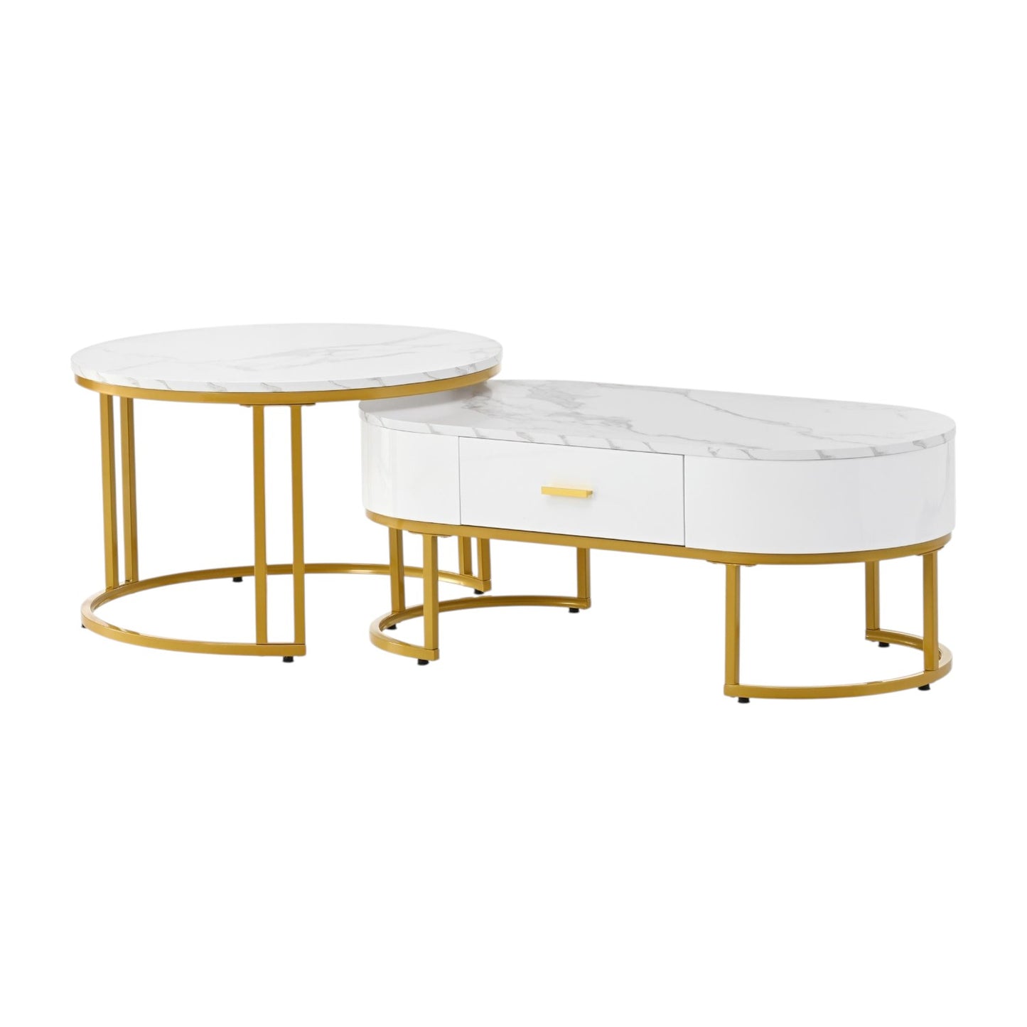 MFURN Set of 2 Nesting Modern Coffee Tables – Gold Metal Frame & Spacious Marble-Effect Surface