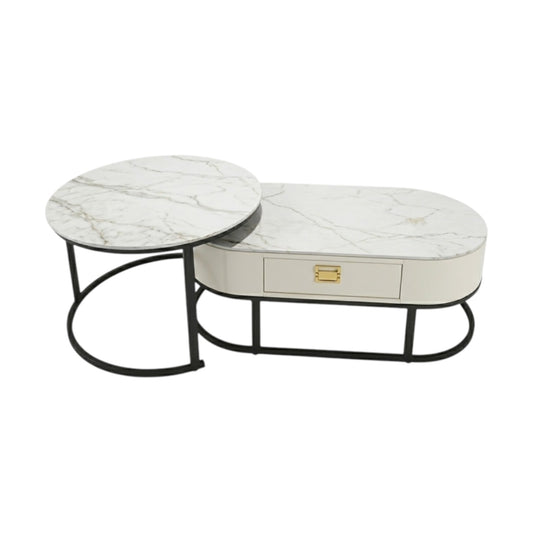 MFURN Set of 2 Nesting Modern Coffee Tables – Gold Metal Frame & Spacious Marble-Effect Surface