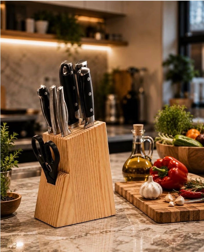 MHome Wooden Knife Holder for Kitchen | Cutlery Stand | Wooden Storage Block with 6 Slots | Knife Stand for Kitchen use | Chef Cutlery Stand | Multipurpose Kitchen Accessories Organizer