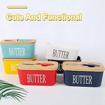 MHome Ceramic Butter Dish With Bamboo Wooden Lid & Butter Knife-Various Colours
