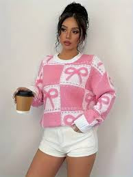 Ladies Coquette-Aesthetic Checkered Bow Knit Sweater-Various Colours