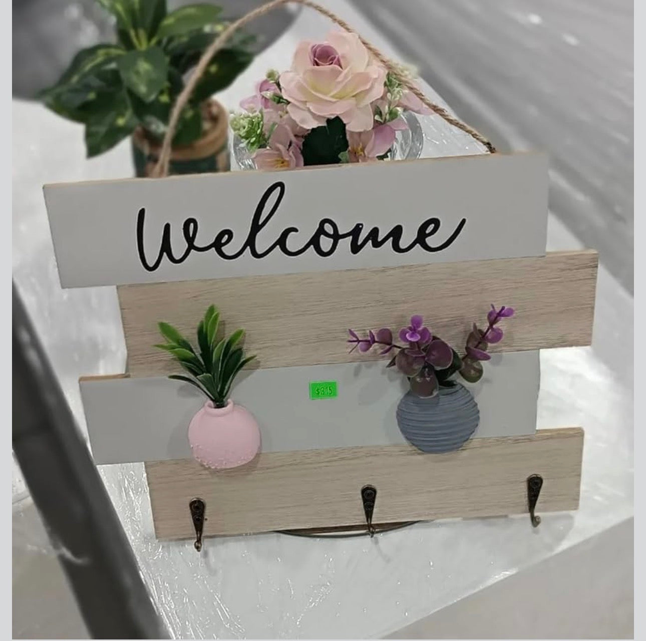 MHome Rustic Welcome Sign with hanging Hooks, Wooden Wall Mounted Shelf, White and Natural Wood, Farmhouse Style with Artificial Flower Vases