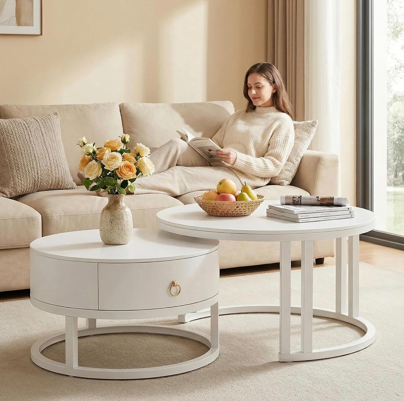 MFURN White Coffee Tables, Nesting Coffee Tables Set of 2, Nest of Table with Storage Drawer, Modern Centre Table with Rock Slab and Metal Frame Legs for Living Room, Office, Apartment