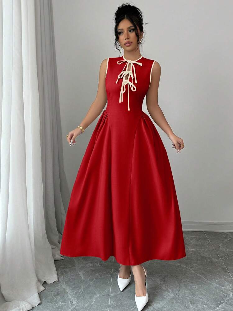 Women Hollow Out Collar Color Block Tie Waist Side Ruched Hem Sleeveless Texture Pleated Dress, Zipper Back, Fashion, Young, Elegant, Versatile, Waist Slimming