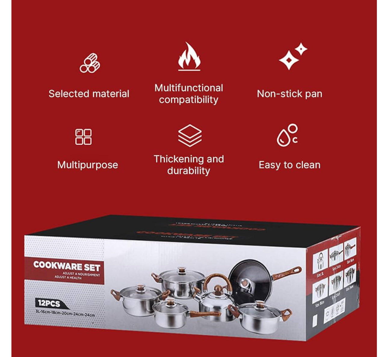 12Pcs Pots and Pans Set with 3L Kettle Nonstick Kitchen Stainless Steel with Lids Dishwasher Safe