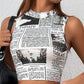 Ladies Newspaper Print Mock Neck Crop Tank Top Various Options