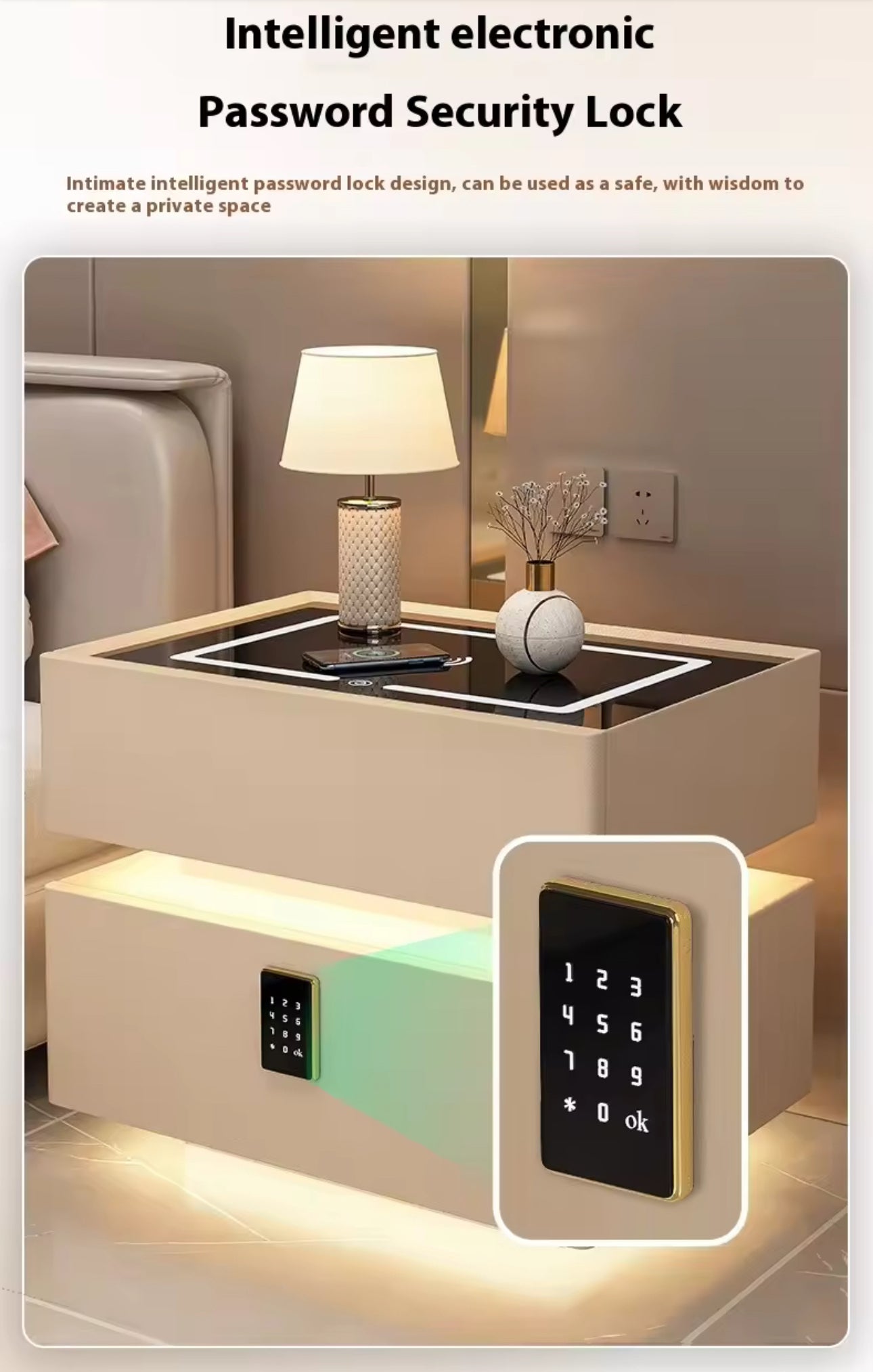 Nordic style smart bedside cabinets with wireless charging, Bluetooth speaker, LED strip, and secure password lock drawer-Available In Various Colours PreOrder Sales Now Available!
