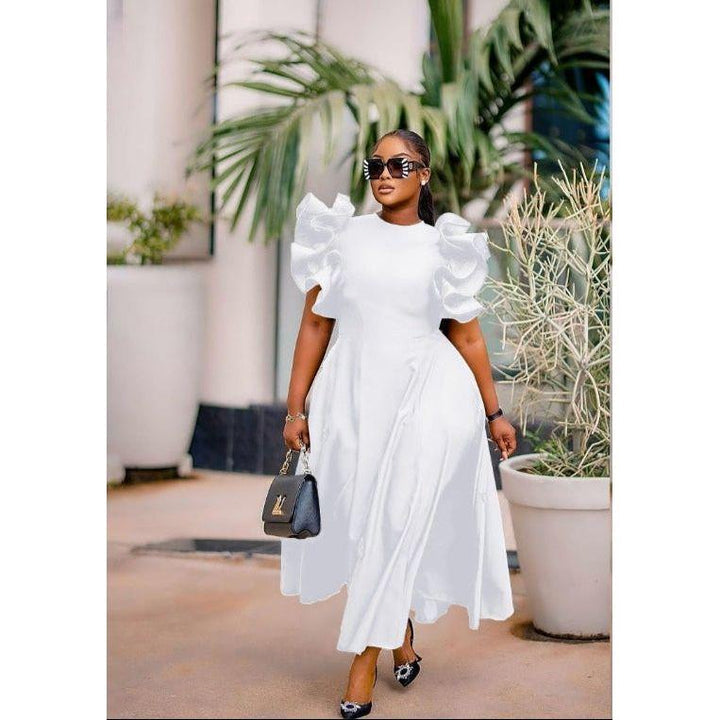 Women’s Round Neck Puff Flared Sleeves Midi Dress-Various Colours