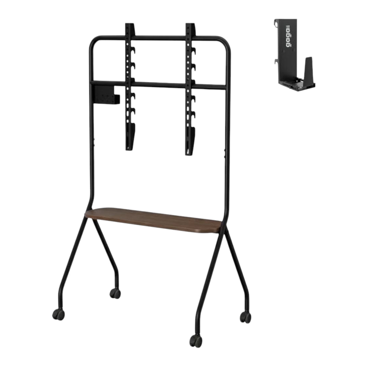 MTech Mobile TV Stand with Game Console Mount, Black, Carbon Steel & Wood, Fits 49-75 inch TVs, 360° Wheels, Height Adjustable