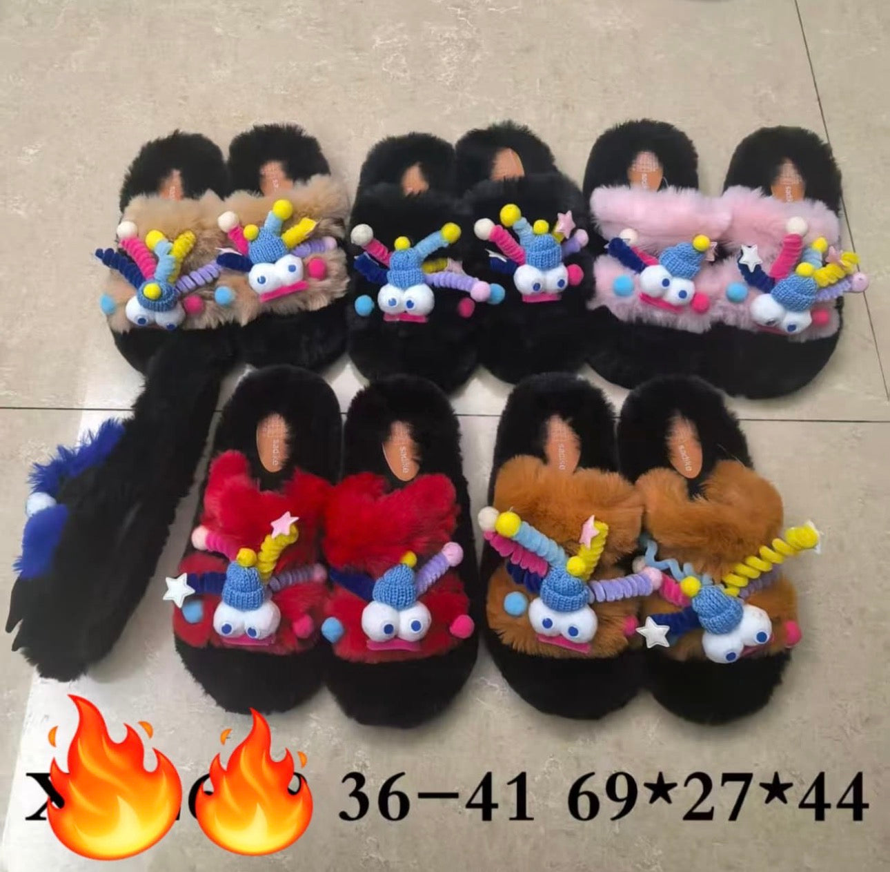 Women Winter Slippers Furry Flip Flops House Shoes Cute Cartoon Theme