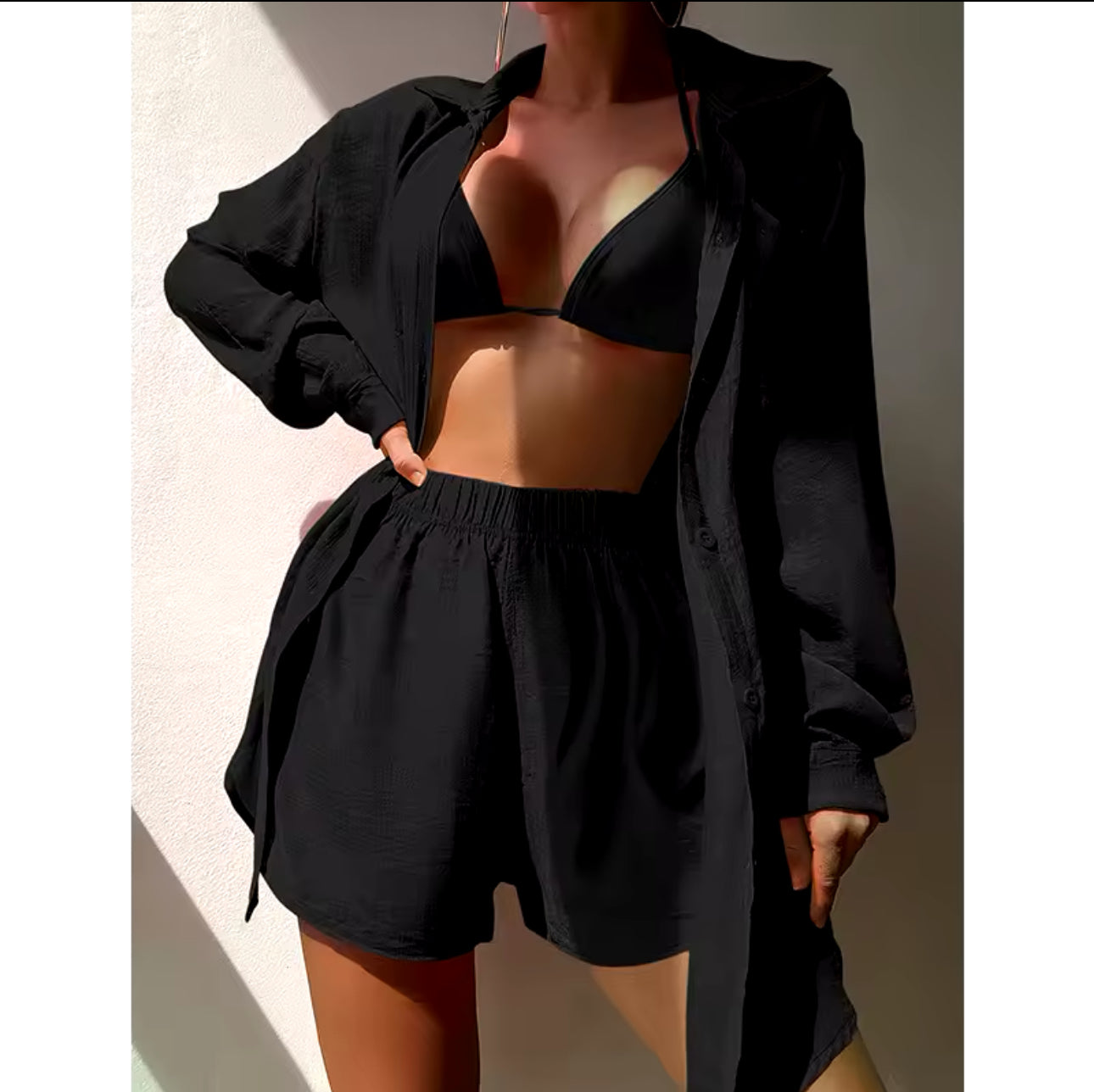 Casual Outfits for Women 3Piece Sets Office Work Beach Holiday Plain Color Shirt Suit Loose Sun Suit Casual Beach Swimsuit Cover up.