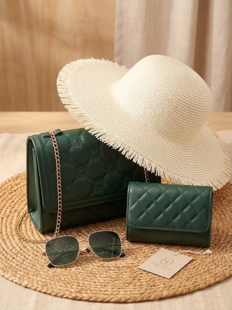 Women’s 4-Piece Fashion Set – Handbag, Wallet, Sunglasses & Summer Hat