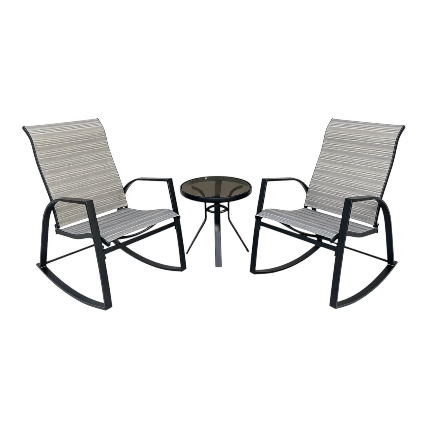 MFurn Milan 3Pc Patio Bistro Set – 2 Rocking Chairs & Glass Coffee Table