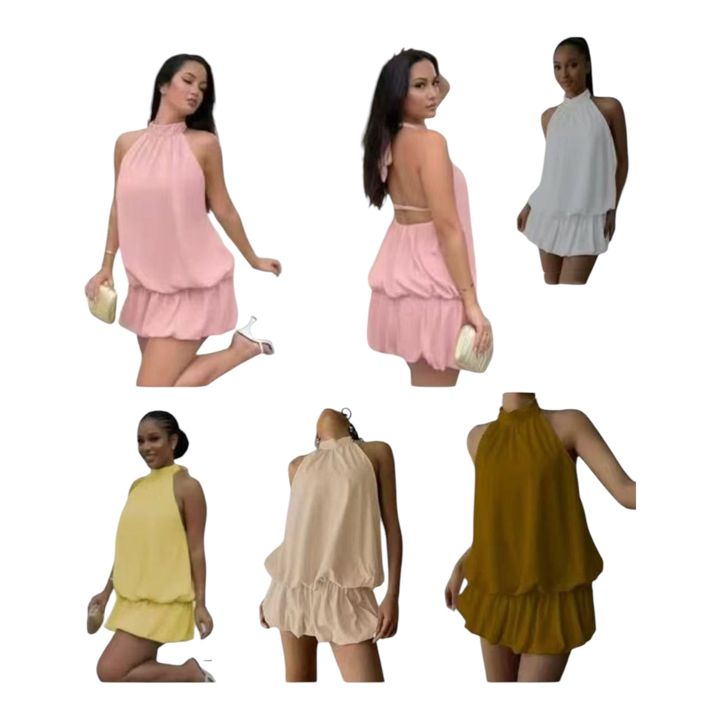 Ladies Halter Neck Chiffon Mini Dress-Various Colours