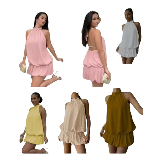 Ladies Halter Neck Chiffon Mini Dress-Various Colours