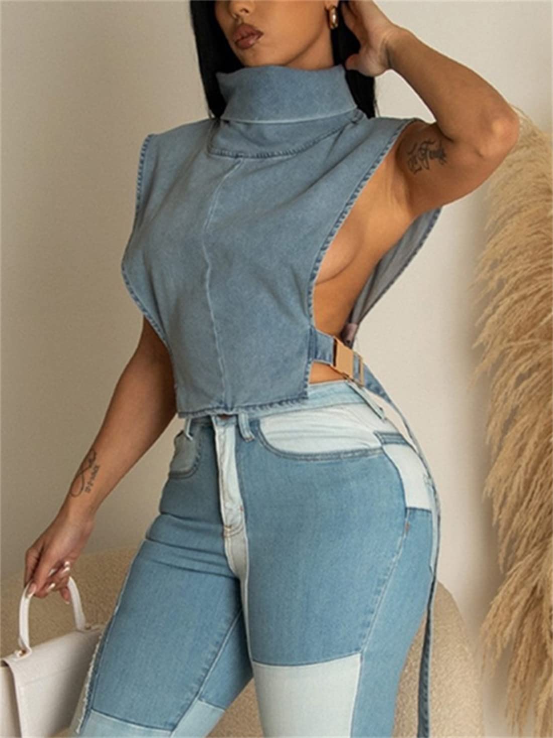 Women's Sleeveless Denim Crop Top Vest Sexy Summer Jean Vest Shirt Tank Tops Waistcoat Jacket