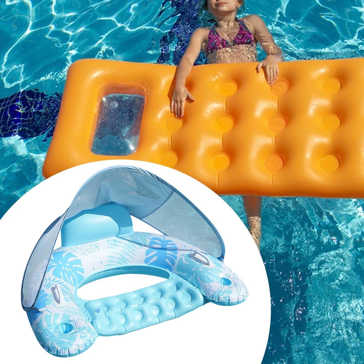 Inflatable Pool Float with Canopy with Cup Holder Compact Lounger for Lake Summer Beach-Various Options