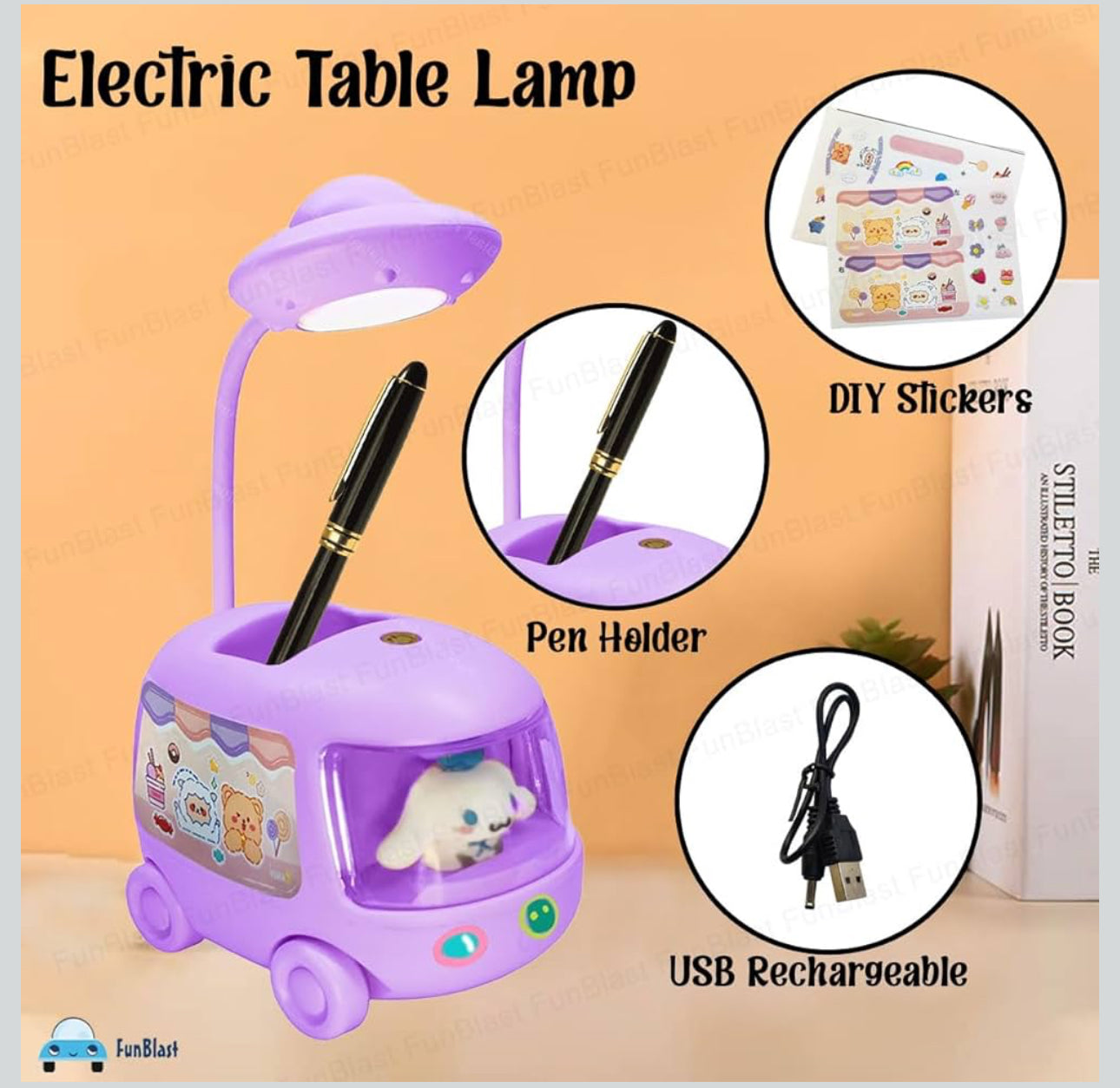 DIY Space Bus Table Lamp-3 in 1 Study Desk LED Lamp and Pen Holder, Stickers with Moving Wheels, USB Rechargeable Desk Lamp-Various Colours