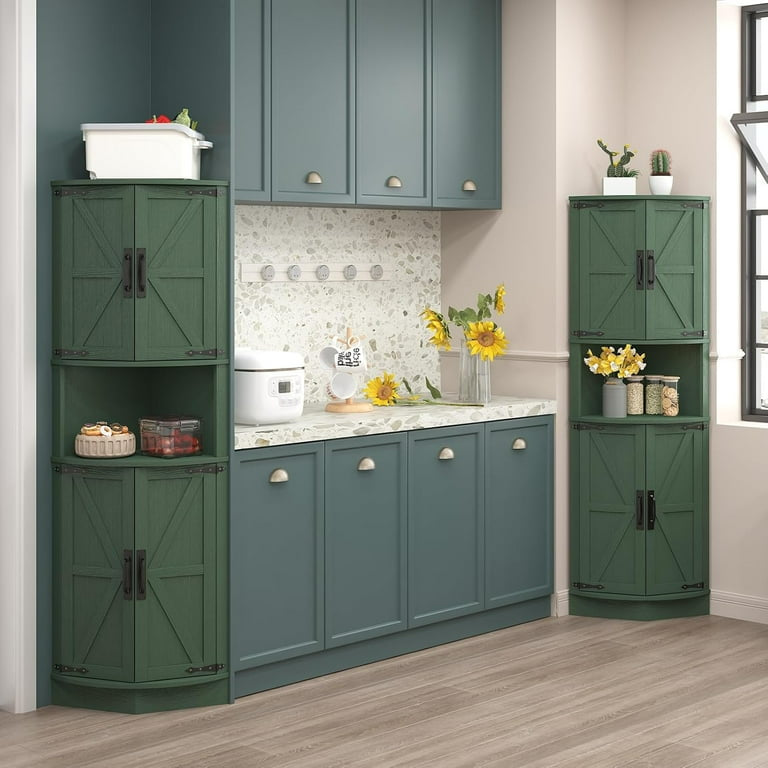 MFurn Farmhouse Storage Corner Cabinet with 4 Barn Style Doors and 5 Storage Shelves, Corner Storage Cabinet for Kitchen, Living Room-Various Colours-Pre-Order Now Available