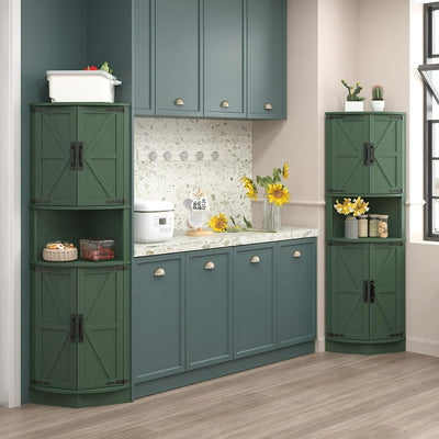 MFurn Farmhouse Storage Corner Cabinet with 4 Barn Style Doors and 5 Storage Shelves, Corner Storage Cabinet for Kitchen, Living Room-Various Colours-Pre-Order Now Available