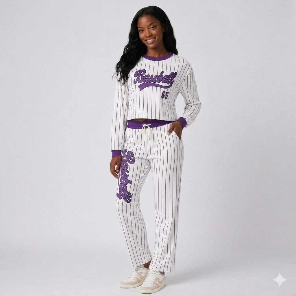 Women's Pinstripe Baseball Crop Top & Lounge Pants Set