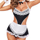 Ladies Sexy Lingerie Maid Outfit, Lace Splicing Backless Camisole + Short Skirt + T-Back Housemaid Cosplay Uniform Apron Dress