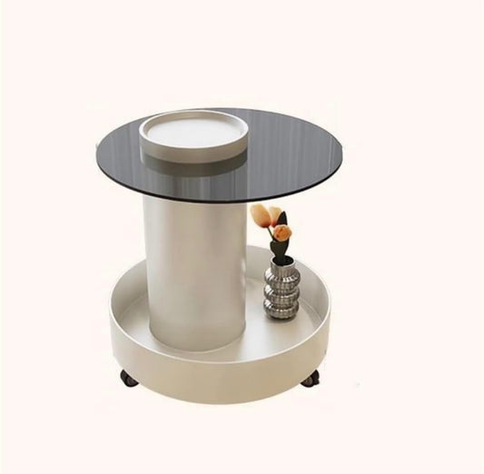 MFURN Double Layer Storage Coffee Table, End Table with Universal Wheel, Movable Round Coffee Table, Iron Side Table with Tempered Glass