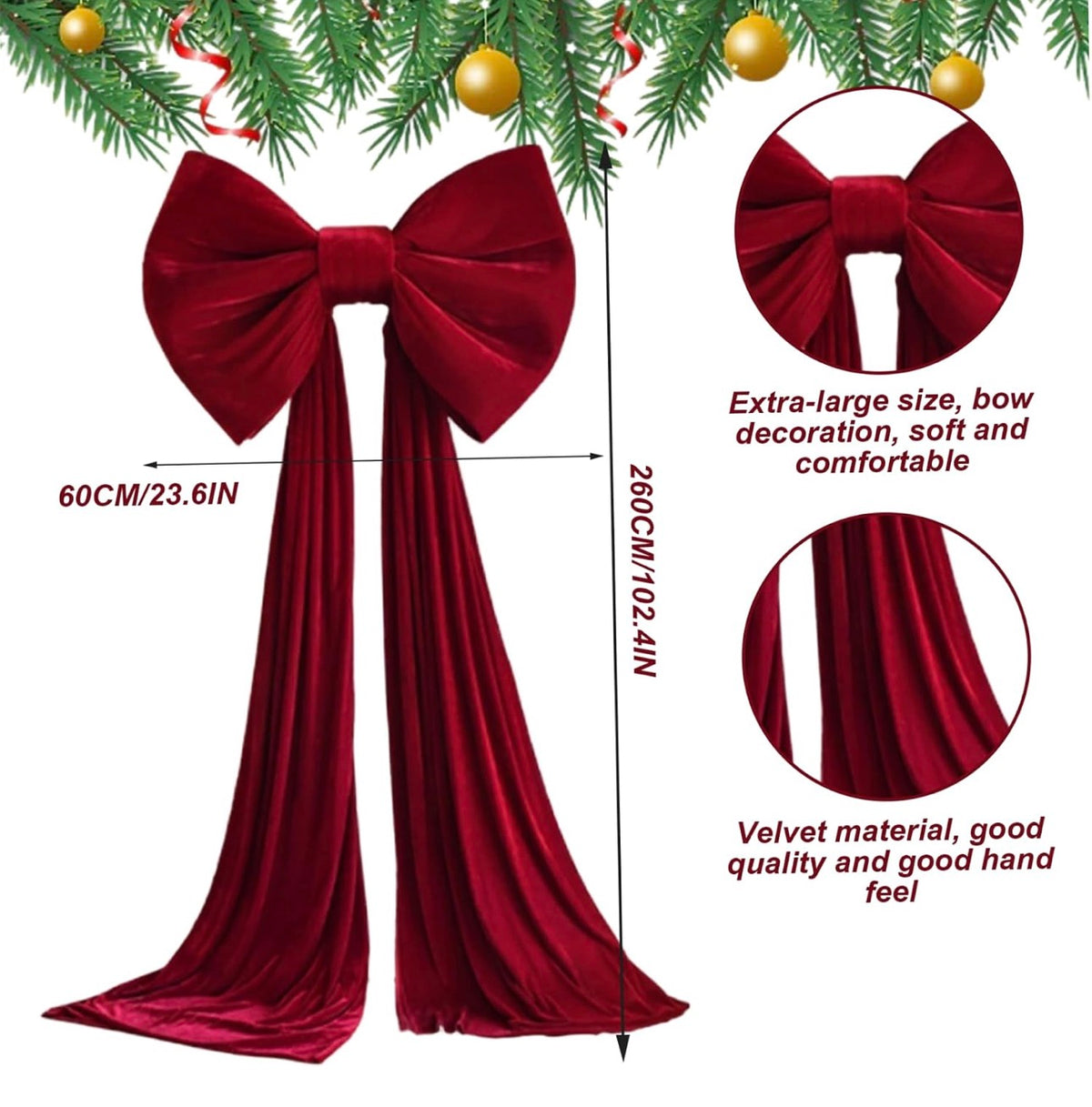 Christmas Tree Topper Bow, Extra Large Red Velvet Bows for Home Christmas Tree Toppers Wreath Wall Room Party Holiday Decor 60x180cm