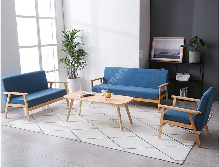 Nordic Sofa Set Solid Wood 4PC - 6 Seater Soft Simple Living Room Wooden Sofa Inc Table - Blue