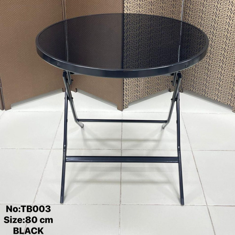 MFurn Round Glass Top Folding Table – Black Iron Frame (Various Sizes)