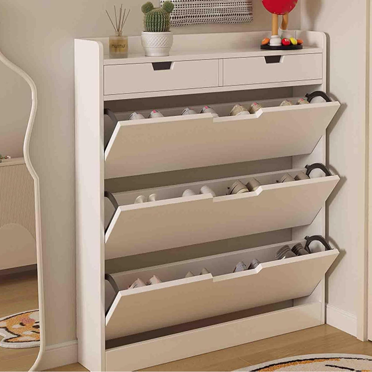 MFurn Wood Shoe Cabinet with 3 Flaps, 2 Drawers, Narrow Shoe Chest of Drawers with 3 Deep Compartments