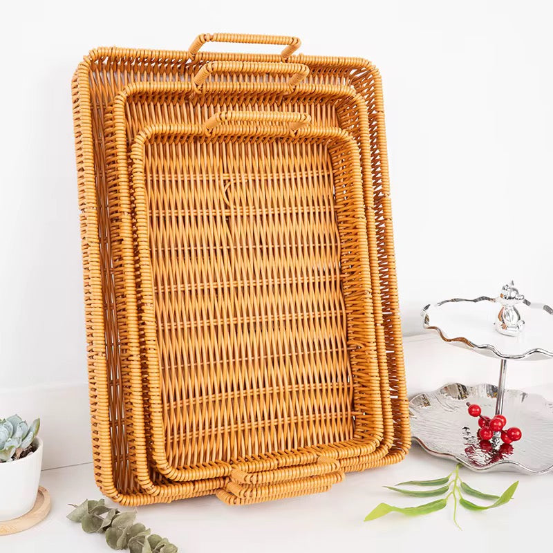 MHome  Kitchen Bread Serving Trays Unique Rectangular Woven Baskets for Fruit and Bread with Easy Carry Handle 3pc Set