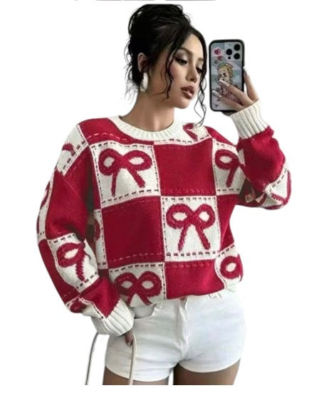 Ladies Coquette-Aesthetic Checkered Bow Knit Sweater-Various Colours