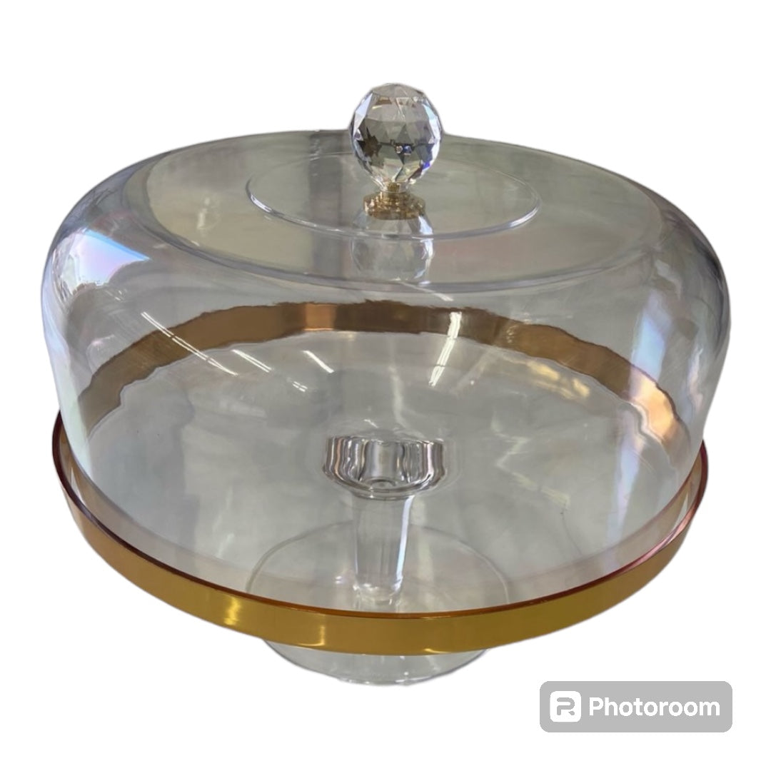 High Foot Cake Plate GlassCake Plate with Cover, Gold Trim 28cm