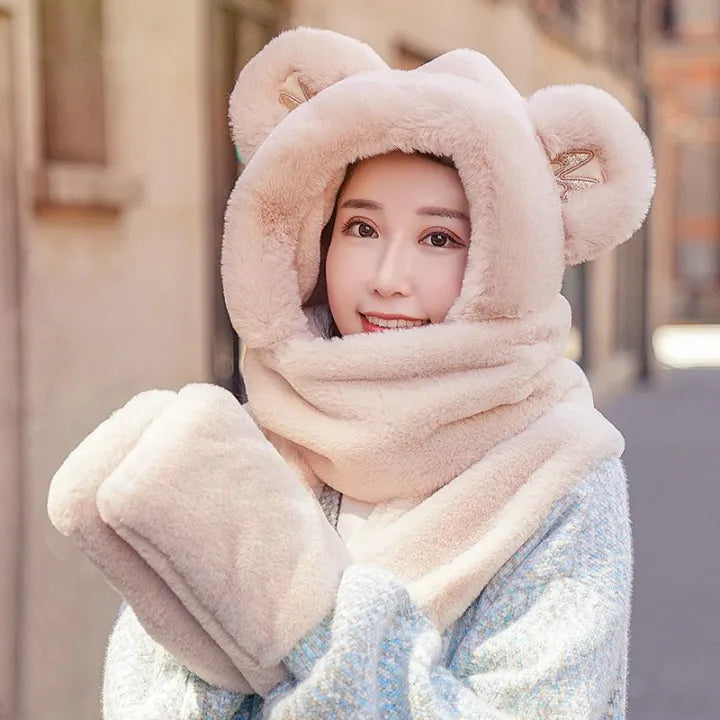 Ladies Plush Hat, Autumn And Winter Scarf, Hat And Gloves All-in-one Adult Ladies Style
