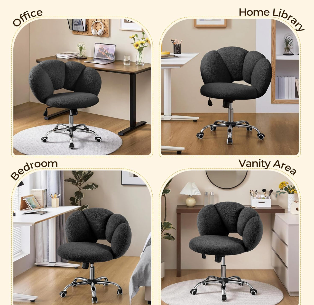 MFurn Rotating Boucle Upholstered Desk Makeup Vanity Chair with Wheels Swivel Cloud-shaped Accent Chair with Adjustable Height for Home Office Living Room, Bedroom Women Black