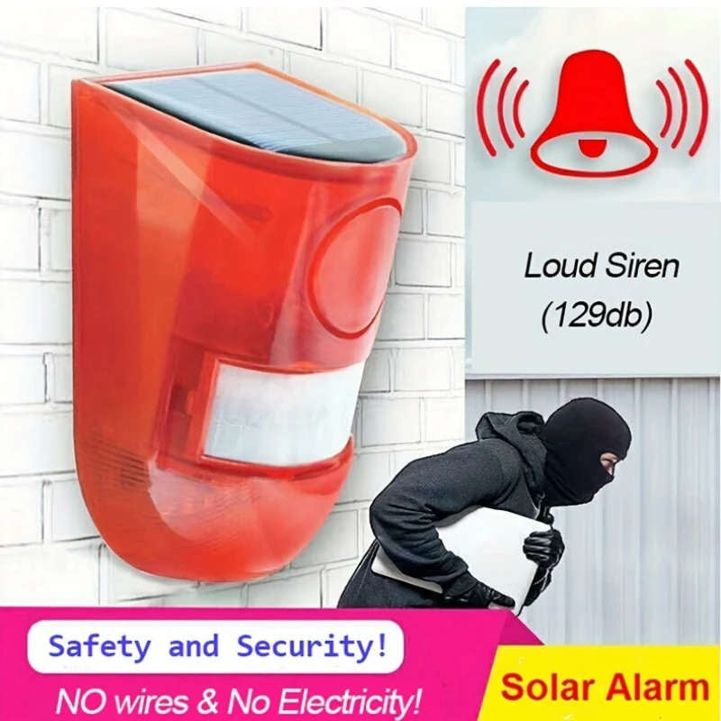 MHome Solar-Powered Security Alarm with 129Db Siren 6 LED Flashing Warning 400Mah Rechargeable Lithium