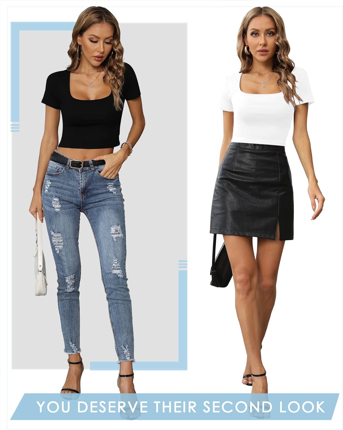 Women’s Short Sleeve Square Neck Crop Tops Basic Slim Fit Cropped T-Shirt