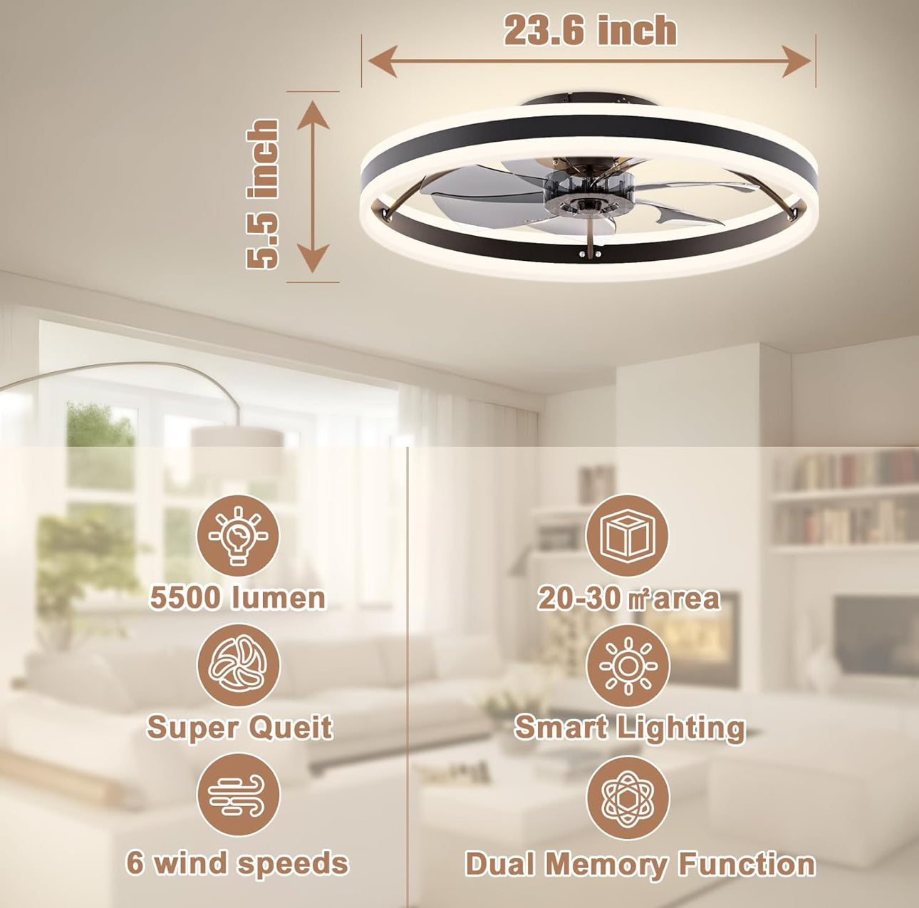 GENERIC Modern Ceiling Fans with Lights and Remote, Ceiling Fan Flush Mount, 3000K-6500K Smart Bladeless LED Fan Light, Black Modern Ceiling Fans with Lights for Bedroom